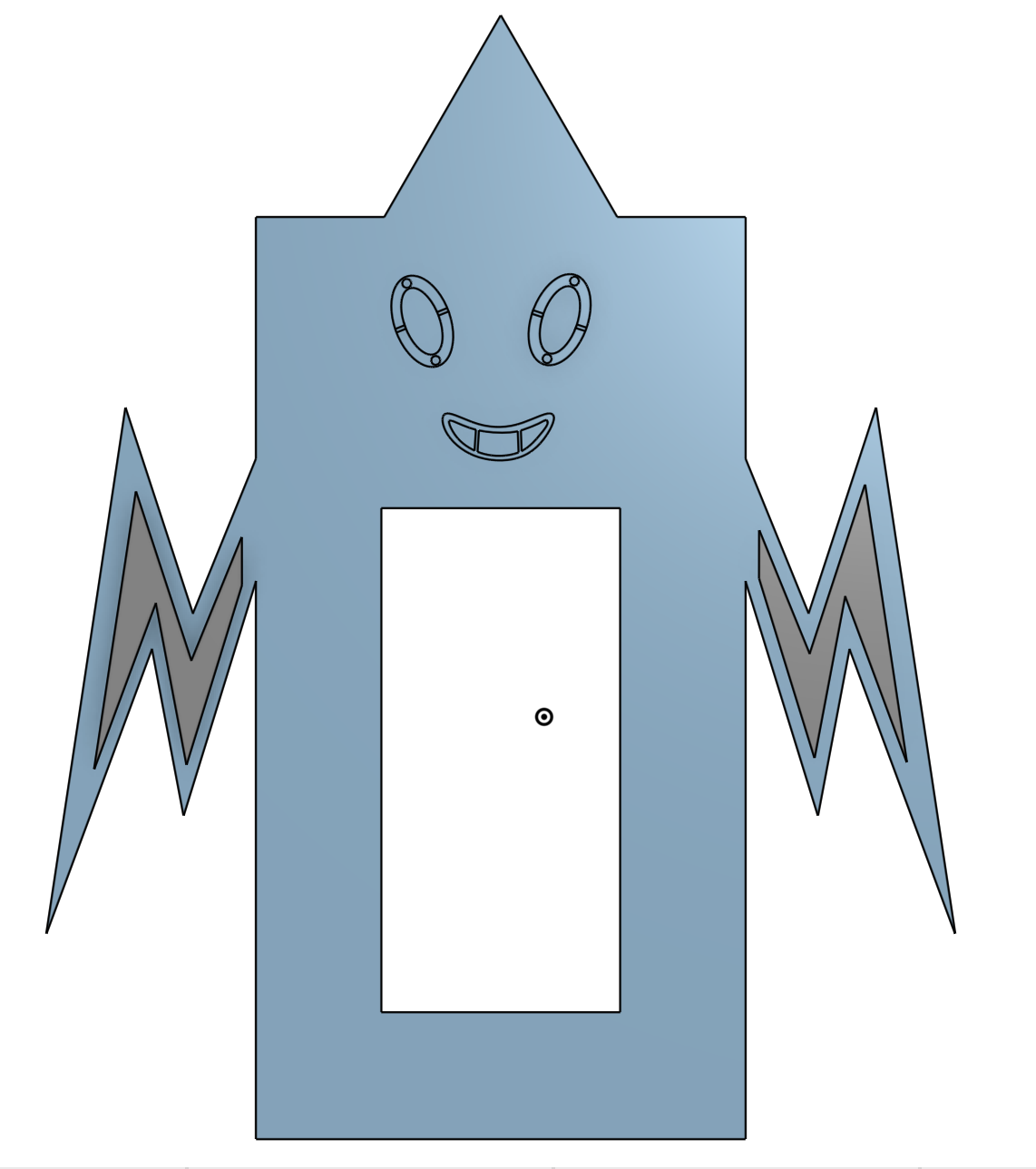The full assembly — eyes, mouth and arms as separate parts over the cut body.